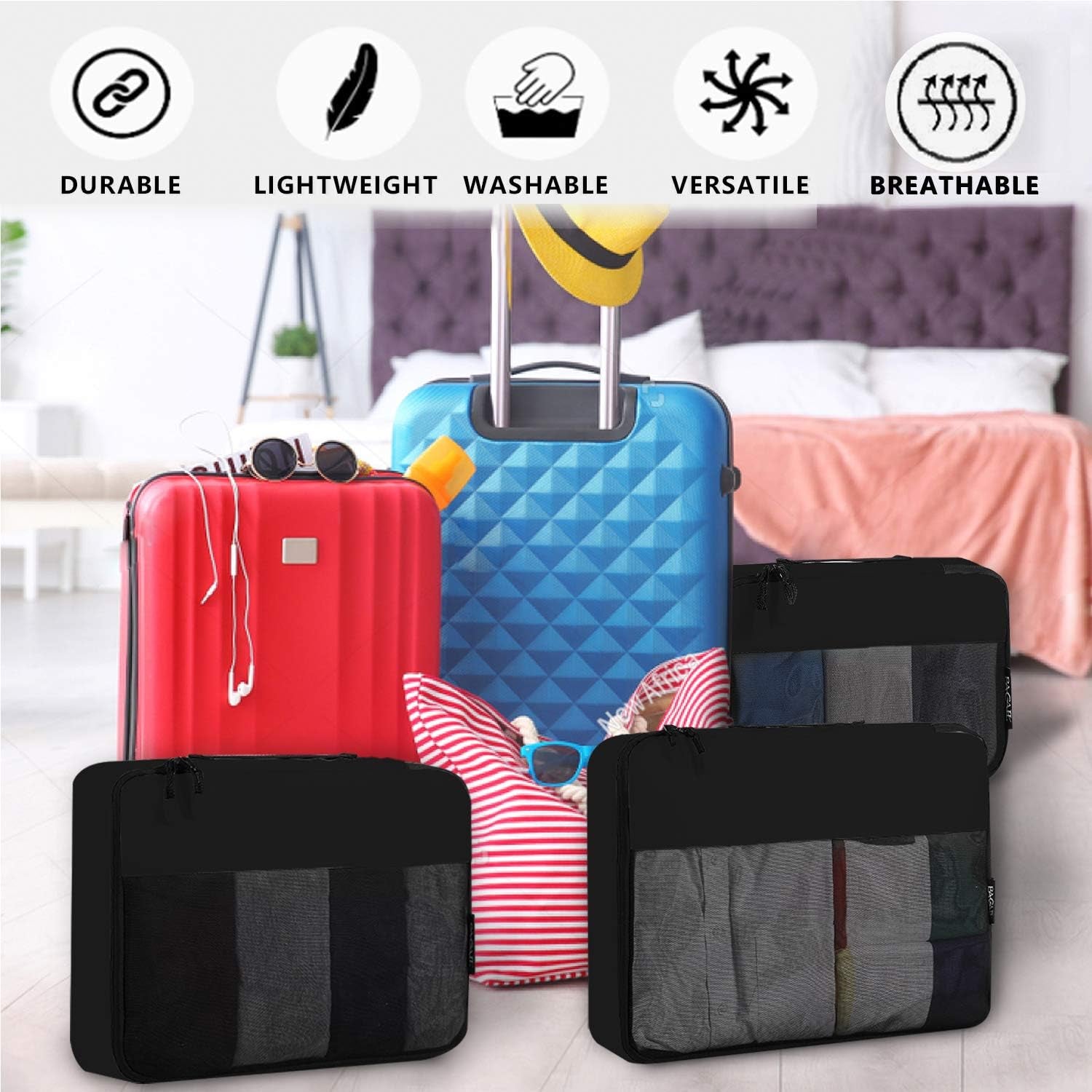6 Set / 8 Set Packing Cubes Luggage Packing Organizers for Travel Accessories (6 Set Black)