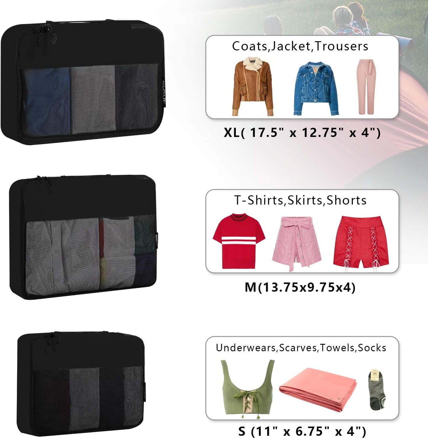 6 Set / 8 Set Packing Cubes Luggage Packing Organizers for Travel Accessories (6 Set Black)